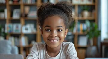 Young Girl With Curly Hair Smiles at the Camera in Her Home photo