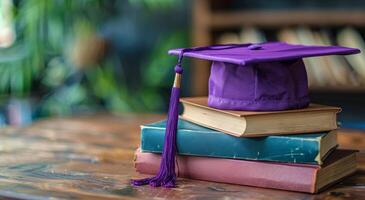 Purple Graduation Cap Resting on Stack of Old Books photo