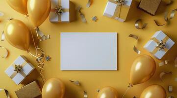 Blank Card Surrounded by Gold Balloons and Gifts on a Yellow Background photo