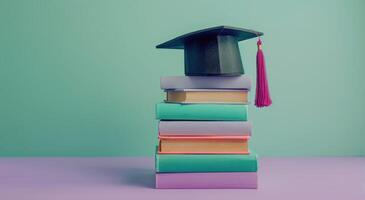 graduación gorra descansando en un apilar de libros en contra un verde azulado pared foto