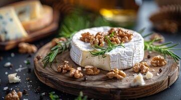 A Creamy Brie Wheel With Walnuts and Mint on a Wooden Board photo