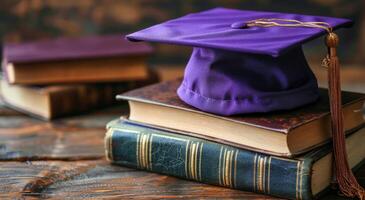 Purple Graduation Cap Resting on Stack of Old Books photo