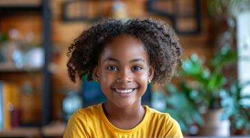 Smiling Young Girl With Curly Hair in Yellow Shirt Indoors photo