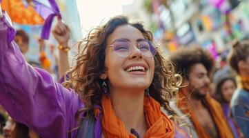 Woman With Curly Hair Smiling In Purple Shirt At Outdoor Festival photo