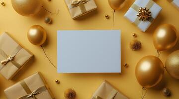 Blank Card Surrounded by Gold Balloons and Gifts on a Yellow Background photo