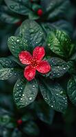 soltero rojo flor en medio de lozano verde follaje foto