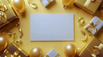 Blank Card Surrounded by Gold Balloons and Gifts on a Yellow Background photo