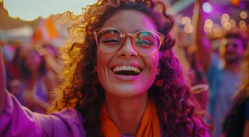 mujer con lentes sonrisas durante un concierto a noche foto