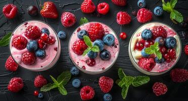 Three Glass Bowls Filled With Creamy Dessert Topped With Fresh Berries and Mint photo