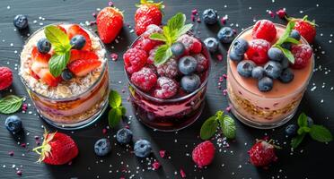 Three Glass Bowls Filled With Creamy Dessert Topped With Fresh Berries and Mint photo