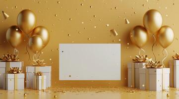 Golden Balloons and Gifts on a Gold Background photo