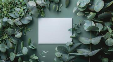 White Card Mockup Surrounded by Eucalyptus Leaves on Green Background photo