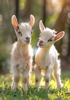 dos adorable bebé cabras en pie en un verde prado en un soleado día foto