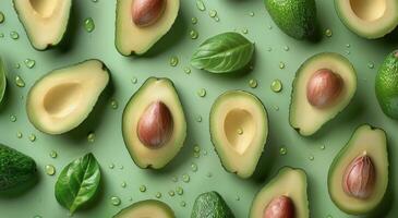 Freshly Sliced Avocados With Basil Leaves on a Green Background photo