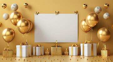 Golden Balloons and Gifts on a Gold Background photo