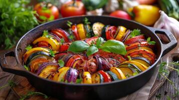 Roasted Vegetable Ratatouille in Cast Iron Skillet on Wooden Tabletop photo