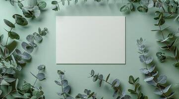 White Card Mockup Surrounded by Eucalyptus Leaves on Green Background photo