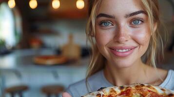 mujer participación Pizza en frente de cara foto