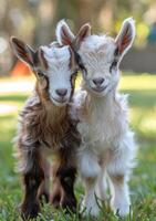 Two Young Goats Running Through Green Grass on a Sunny Day photo