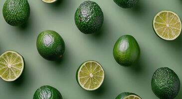 Freshly Sliced Avocados With Basil Leaves on a Green Background photo