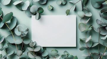 White Card Mockup Surrounded by Eucalyptus Leaves on Green Background photo