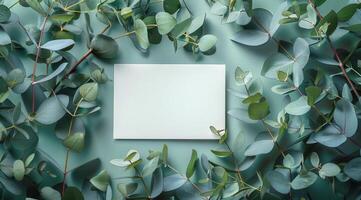White Card Mockup Surrounded by Eucalyptus Leaves on Green Background photo