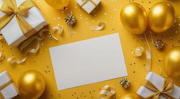 Golden Balloons and Gifts on a Gold Background photo