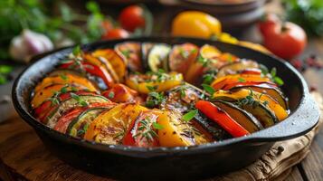 Roasted Vegetable Ratatouille in Cast Iron Skillet on Wooden Tabletop photo