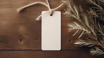 AI generated White label tag on a festive background with Christmas ornaments and fir branches. Seasonal gift concept with copy space. photo
