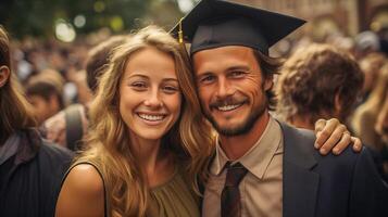 AI generated Graduation day happiness with a young woman and man smiling, celebrating achievement. photo