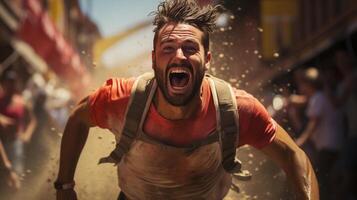 AI generated Ecstatic man running with a joyful expression at a colorful festival, splashed with orange powder. Euphoria and celebration concept. photo