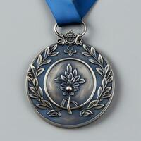 Elegant silver medal with laurel wreath and floral motif on a blue ribbon. Ideal image for achievements, recognition, and ceremonial use. photo