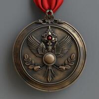 Detailed bronze medallion with eagle and red ribbon. Perfect for military recognition, historical collectibles, or ornate medal design. photo