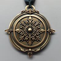 Exquisite bronze medal with intricate floral and sunburst patterns. High-detail photography for award design, craftsmanship, and vintage collectibles. photo