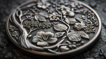 Close-up of an ornate medallion with botanical relief. Intricate metal carving on a textured backdrop. Jewelry and art concept. photo
