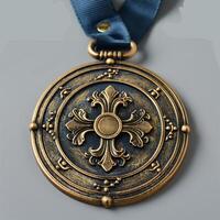 Antique-style bronze medal with blue ribbon and fleur-de-lis design. Ideal for traditional awards, craftsmanship recognition, and vintage-inspired designs. photo