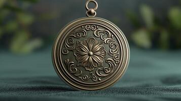 Vintage floral medallion with relief design on teal background. Macro photography, high-detail metalwork for design and print. photo