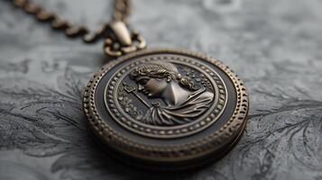 Vintage medallion with embossed goddess profile. Close-up jewelry photography with intricate details on a textured background. photo