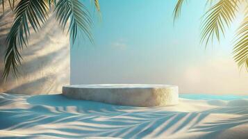 Tropical beach podium display with palm shadows and sand texture. Summer product presentation and vacation concept with place for text. 3D rendering. photo