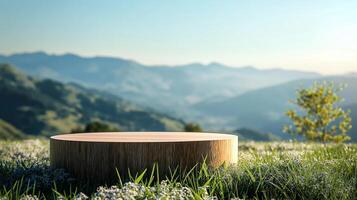 Wooden circular podium on a hill with springtime blossoms and mountain background. Eco-friendly product display and nature concept with copy space. 3D render for branding and outdoor design. photo