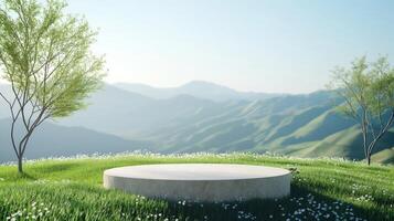 Round concrete podium in spring meadow with blooming flowers and mountain view. Product showcase platform with natural landscape. 3D illustration for display and design with copy space. photo