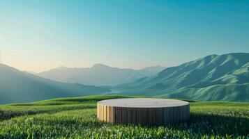Outdoor product podium in a spring valley with lush grass and mountain range. Ideal for product display and nature themes. 3D visualization with a serene environment for design and marketing. photo