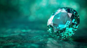 Diamond gemstone with intricate facets. A meticulously detailed 3D illustration of a turquoise gemstone with luminous facets and a sparkling surface. photo