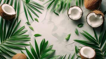 Flat lay composition with coconuts and tropical leaves on a white background. Concept for summer, skincare, and natural cosmetics. photo