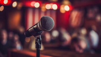 AI generated Close up of microphone stand in the blurry background photo