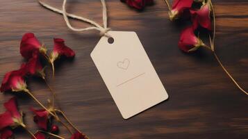 AI generated Heart shaped gift tag and cyclamen flowers on white background. Love and romance concept for Valentine's Day with copy space. photo