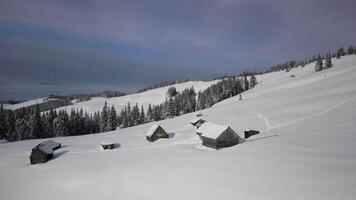 voar sobre a Vila do pastor e montanhas dentro inverno. lindo panorama do inverno montanhas. aéreo Visão video