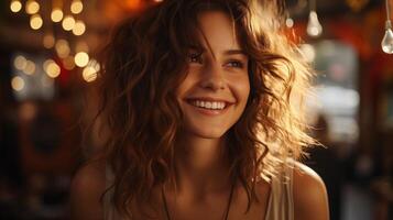 AI generated Smiling woman with curly hair, bokeh lights in background. Studio portrait with warm tones. photo