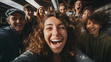 AI generated Excited young adults taking a group selfie in urban setting, laughter and fun expressions, dynamic shot. photo