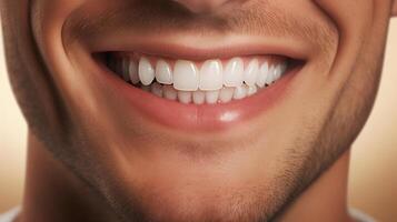 AI generated Close-up of a radiant male smile with white teeth. Dental care and lifestyle concept for design and print. photo